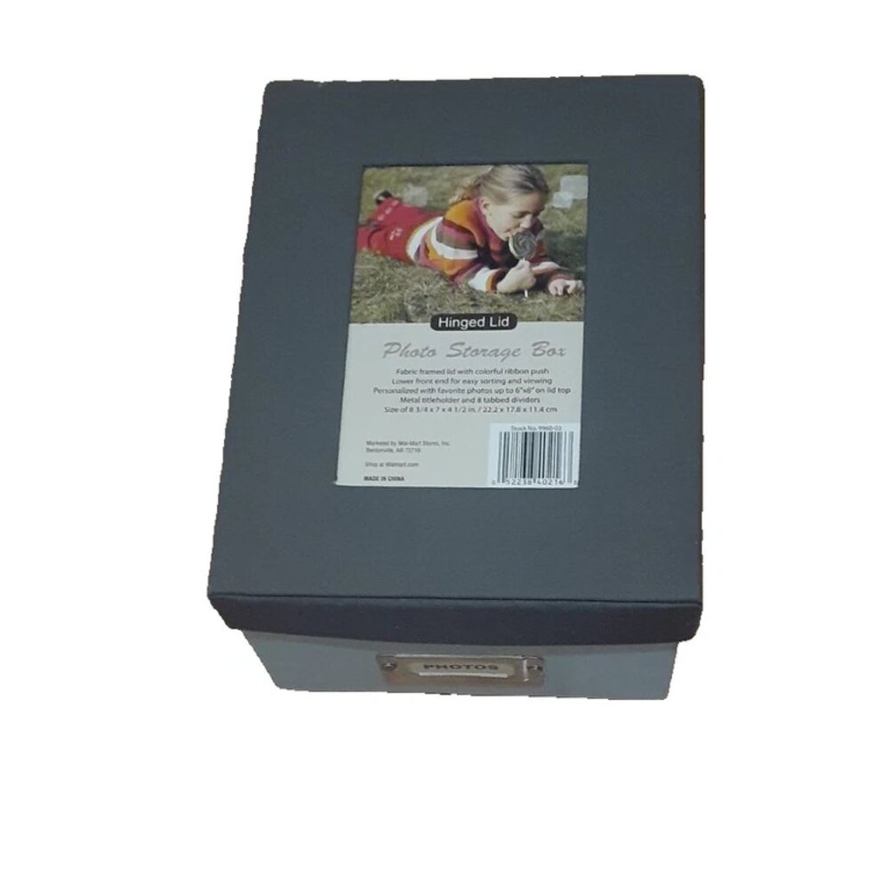 Photo Storage Box with hinged lid blue grey w photo dividers